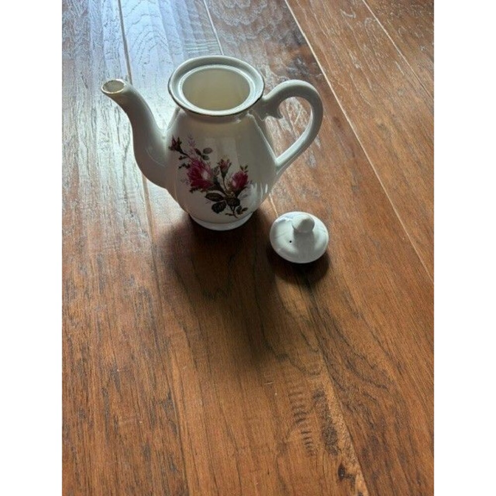 Vintage Moss Rose Japanese Floral Ceramic Teapot – White with Pink & Red Flowers